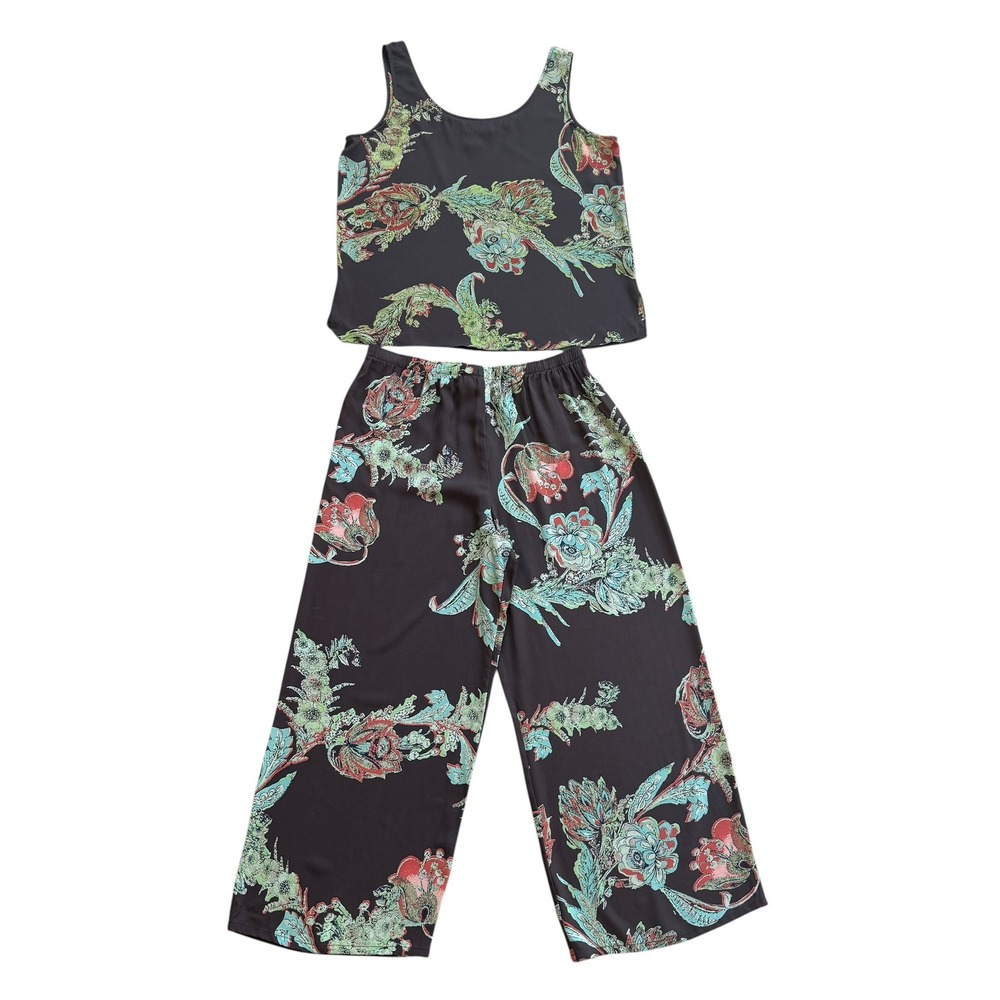 Harari Silk Floral Two Piece Set Tank Top and Wide Leg Pants Brown Multi M L